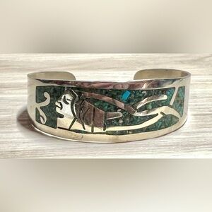 Vintage Stamped (Hecho En Mexico) Silver Crushed Turquoise Inlay Cuff Bracelet